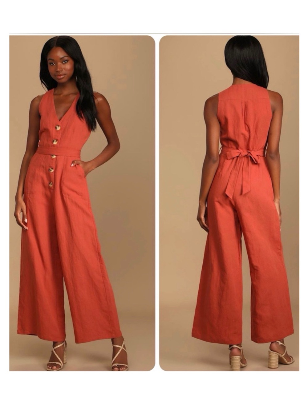 LULUS Stroll the Pier Rust Academia Button Front Belted Wide-Leg Jumpsuit S